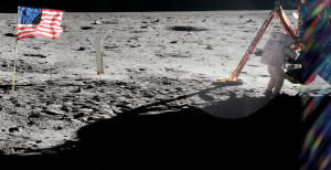 Astronaut Neil Armstrong working near the Eagle