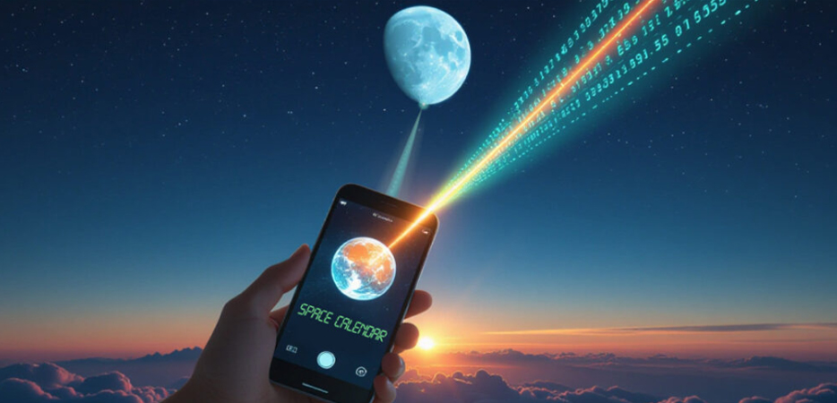 Graphic of a signal beaming from the Moon to a smart phone.